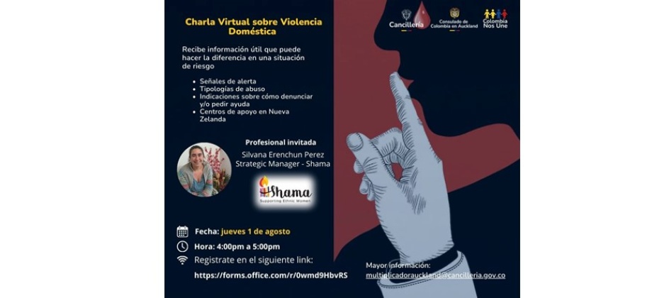 Imagen de la invitación a la Charla Virtual sobre Violencia Doméstica se realizará el  1 de agosto por el Consulado de Colombia en Auckland