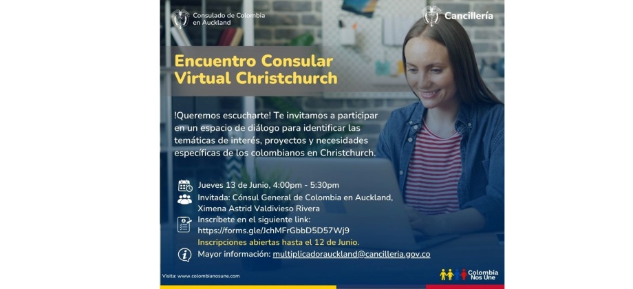 Consulado de Colombia en Auckland invita al Encuentro Consular Virtual para la comunidad de Christchurch el 12 de junio de 2024