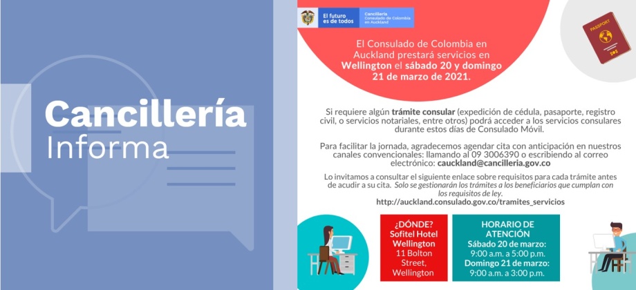 Consulado de Colombia en Auckland realizará un Consulado Móvil en Wellington, los días 20 y 21 de marzo de 2021