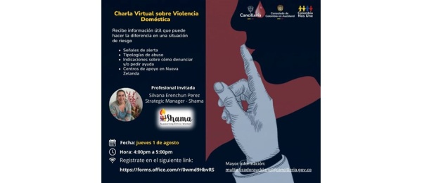Imagen de la invitación a la Charla Virtual sobre Violencia Doméstica se realizará el  1 de agosto por el Consulado de Colombia en Auckland